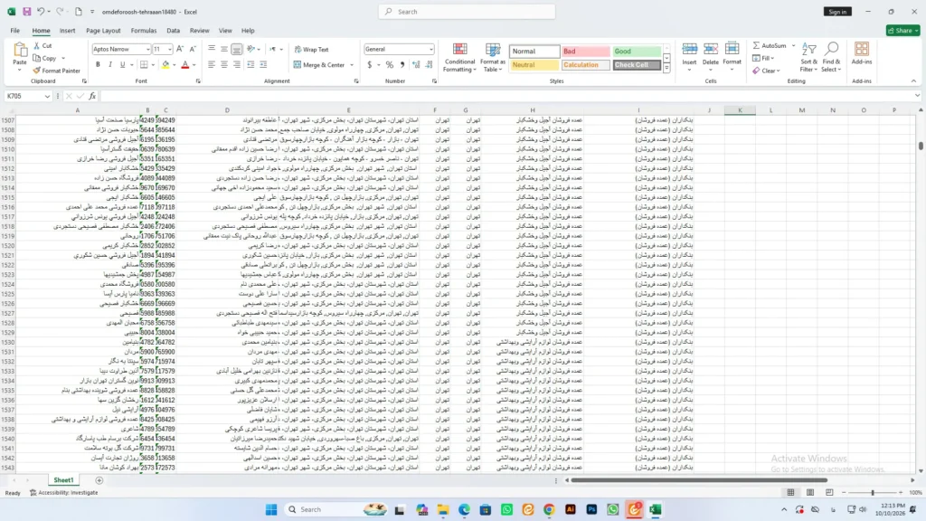 نمونه ای از فایل اکسل عمده فروشان تهران